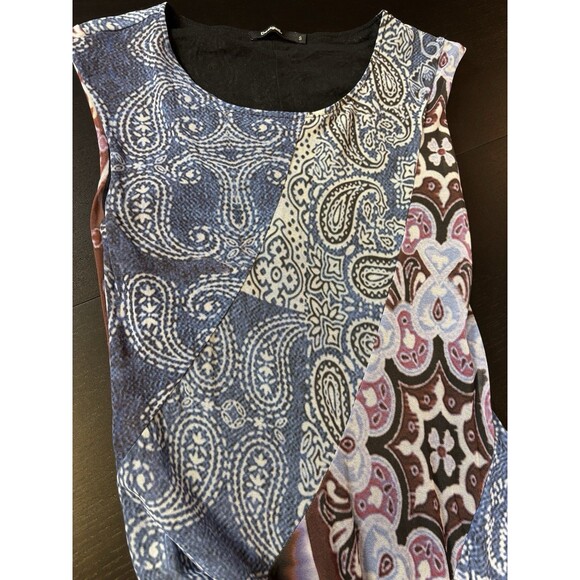 Desigual Fit & Flare Dress Blue Print Size Small Mesh Boho Maximalist Lagenlook - Picture 10 of 11